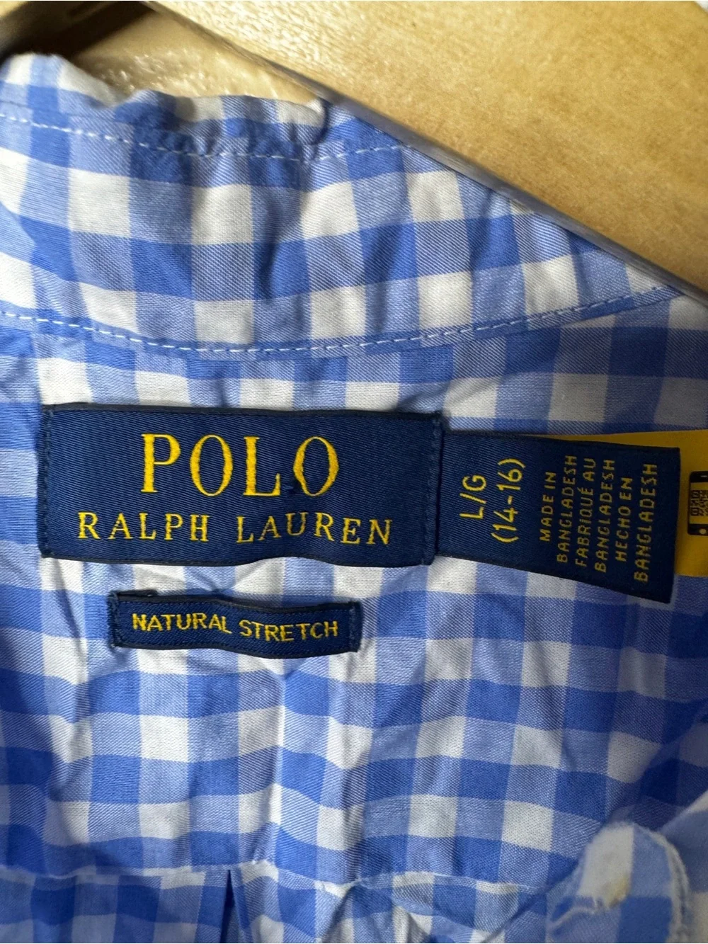 Polo Ralph Lauren Boys L 14-16 Button Up Shirt Blue Gingham Cotton Stretch